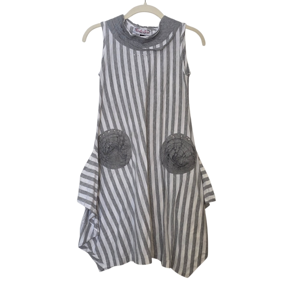 Kid Cute Ture Designer Dress Gray White Striped Avante-Garde Lagenlook Girls 10